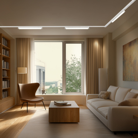 R45-07 Шинопровод однофазный, накладной/подвесной, 230В/50Гц, IP20, 2000х34х20мм, белый, алюминий, в комплекте крепёж, токоввод, заглушка